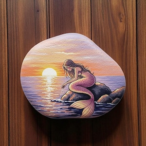 Mermaid Sunset Painted Rock, Hand Painted Beach Stone Art, Hand Painted Mermaid Stone, Ocean Sunset Rock Art, Tropical Beach Mermaid