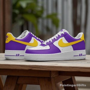Purple and Yellow Custom Air Force 1, basketball Custom Air Force 1, sports team sneakers, Custom Af1 Purple and Gold, basketball gift
