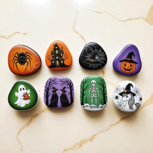 Halloween Painted Rock Set, Witch, Ghost, Skeleton, Pumpkin & Haunted House Spooky Decor, hand painted halloween stones, trick or treat art