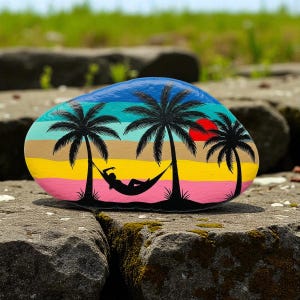 Sunset Beach Painted Rock art, Hand Painted Coastal Decor, sunset beach rock painting, painted rock beach, pebble art, painted rock beach
