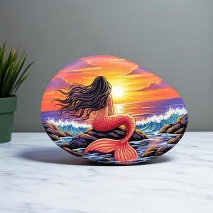 Mermaid Sunset Painted Rock, Hand Painted Ocean Fantasy Stone Art for Home Decor, Hand Painted Mermaid at Sunset, Ocean Rock Art