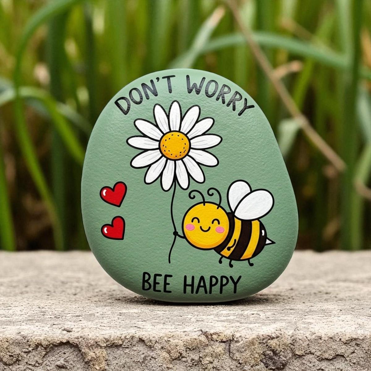 Don't Worry Bee Happy Painted Rock, Bee Kind Motivational Rock, Hand Painted Stone Gift for Positivity, bee happy painted rock, bee rock art