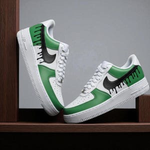 Black Swoosh Green Custom Air Force 1, Unique Drip Art Air Force 1 Shoes, Black swoosh Drip Sneakers, Custom Painted Shoes for Men