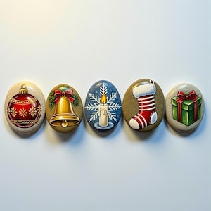 Hand Painted Christmas Pebble Set, Christmas Painted Rock Set, Festive Winter Rock Decor, Unique Handmade Gift