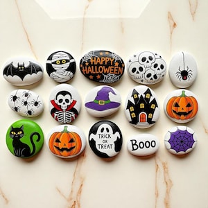 Halloween Painted Rock Set, Witch, Ghost, Skeleton, Pumpkin & Haunted House Spooky Decor, hand painted halloween stones, trick or treat art