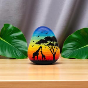 Giraffe Sunset Painted Rock, Hand Painted Wildlife Stone Art, Giraffe rock painting art, mom and daughter painting Pebble, birthday gifts