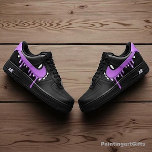 Purple Drip Custom Black Air Force 1, Custom Drip Air Force 1 Purple, Hand Painted AF1, Custom Black Air Force 1 with Purple Dripping Swoosh