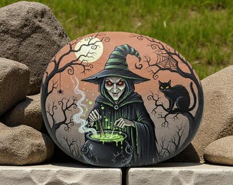 Halloween witch rock art, Halloween Art Stone, Moon & Black Cat – Spooky Holiday Decor, Magical Halloween Painted Stone Gift, Halloween art