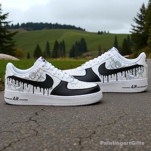 Benutzerdefinierte schwarze Rose Drip Air Force 1, Herren Gothic Schuhe, schwarze Rose Custom Air Force 1, Drip Rose Air Force 1 Custom, handbemalte Rose Schuhe
