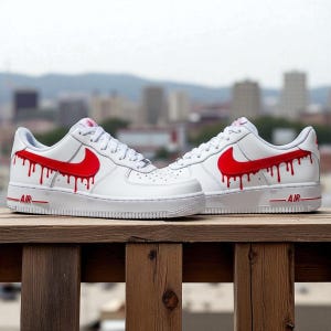 Red Drip Swoosh Air Force 1 Custom, White Air Force 1 with red Drip Design, Custom Painted red Drip Air Force 1 shoes, AF1 red Drip shoes