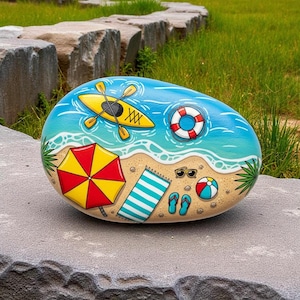 Beach Scene hand Painted Rock, Summer Coastal Decor, Hand Painted Ocean Stone Art, Nautical Gift for Ocean Lovers, Tropical Beach Rock Art