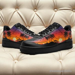 Tropical Sunset Custom Air Force 1, Custom AF1 Black with Palm Trees, Custom Black Sneakers with Sunset,  tropical custom air force 1 shoes