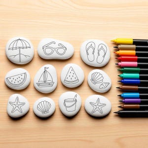 Ensemble de rochers à colorier en été pour les enfants, ensemble de pierres à colorier pour les vacances d&#39;été, ensemble de rochers peints sur la plage, icônes d&#39;été non peintes à colorier à faire soi-même
