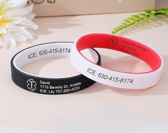 Pulsera de alerta médica de silicona personalizada, pulsera de identificación médica de emergencia personalizada, pulsera para alergias, brazalete SOS Kinder
