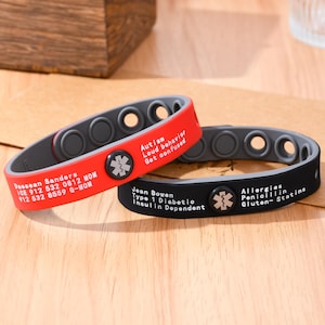 Custom Waterproof Silicone Medical ID Bracelet for Men, Adjustable Medical Alert Wristband, 7 Colors, Emergency, Allergy, Autism Band