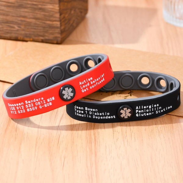 Benutzerdefinierte wasserdichte Silikon Silikon Armband für Männer, einstellbare medizinische Alarm Armband, 7 Farben, Notfall, Allergie, Autismus Band