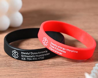Pulseras de alerta médica de silicona personalizadas, pulseras de identificación médica impermeables, pulseras de emergencia para hombres, pulsera de identificación de emergencia