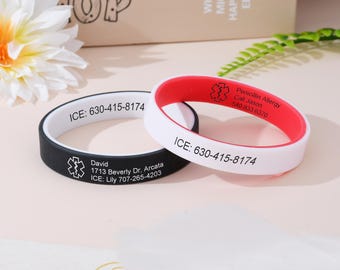 Custom Silicone Medical Alert Bracelet, Double Layer Medical ID Bracelet, Free Engraving Emergency Bracelet, Waterproof Allergy Bracelet
