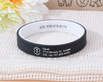 Custom Waterproof Medical Alert Bracelet, Medical ID Bracelet, Silicone Emergency Bracelet, Allergy Bracelet, Type 1/2 Diabetes Bracelet