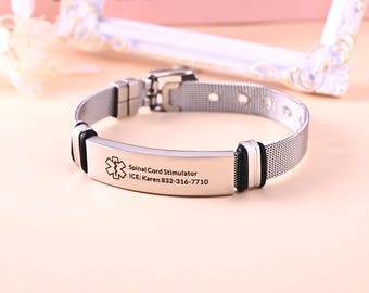 Pulsera de alerta médica de acero inoxidable, pulsera de identificación médica plateada para mujer, pulsera ICE, pulseras de emergencia, pulseras de advertencia médica