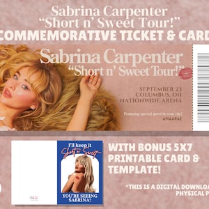 Ingresso para o show comemorativo da turnê Short n' Sweet de Sabrina Carpenter e cartão surpresa - totalmente personalizável e editável no Canva