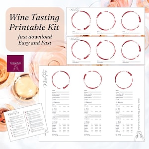 Complete set afdrukbare scorekaarten voor wijnproeverijen. Scorekaart wijnproeverij, placemats, woordenlijst wijn, digitaal, professioneel, feest, sommelier