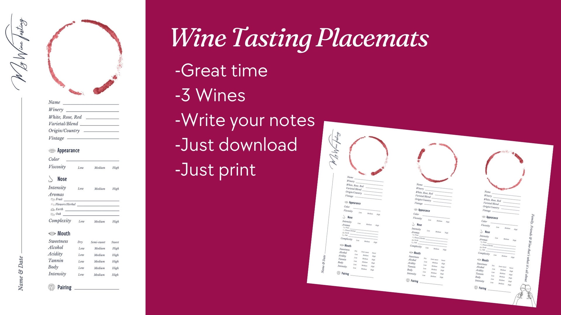 Complete Printable Wine Tasting, Templates, Placemats, Party, Digital ...