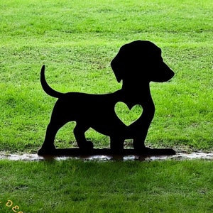 Dachshund Dog Metal Silhouette | Heart Design Doxie Outdoor Backyard Decoration | Plant Pot Garden Decor | Small Wiener Dog Decoration