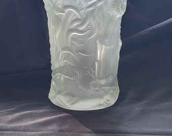 Lalique frosted glass vase with raised texture sea creatures