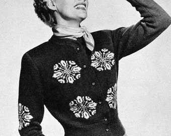 Patrón de tejido de cárdigan de los años 50 - Suéter de invierno vintage de estilo noruego con estampado de colores para mujer - Descarga digital en PDF