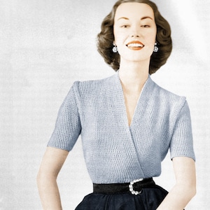 1950s Surplice Blouse Knitting Pattern - Vintage Women's Sweater (PDF Digital Download)