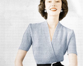 Patrón de tejido para blusa cruzada de los años 50: suéter vintage para mujer (descarga digital en PDF)