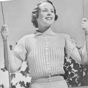 May include: A black and white photo of a woman wearing a crocheted top with buttons down the front. The top has short sleeves and a crocheted belt. The woman is holding onto a rope swing. The text "Cotton Crocheted COOL" is at the top of the image. The text "LEAFLET NO. 51-6-36 AMERICAN THREAD COMPANY, NEW YORK, N.Y." is at the bottom of the image.