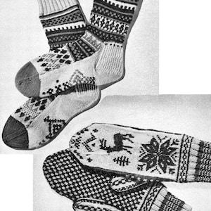 May include: Two pairs of knitted socks and a pair of mittens with a snowflake and reindeer design. The socks and mittens are white with black and brown accents.