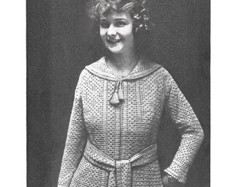 Patrón de suéter de crochet filete vintage - Cárdigan con cinturón para mujer de las décadas de 1910 y 1920 - Descarga digital en PDF