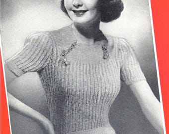 Patrón de tejido de suéter de los años 30 - Blusa vintage de encaje con escote cuadrado para mujer - Descarga digital en PDF