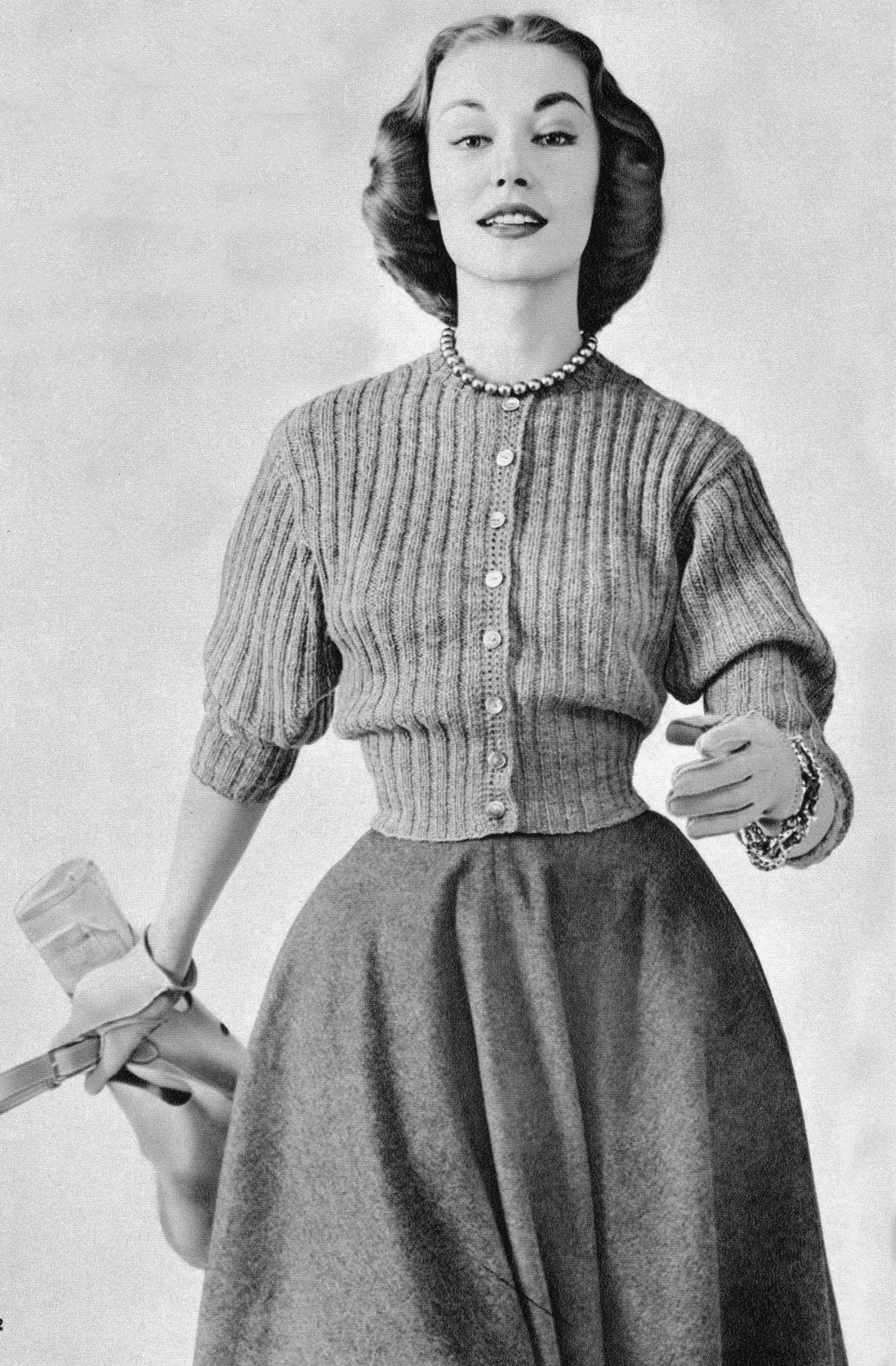 1950s Blousy Cardigan Knitting Pattern - Women's Vintage Casual Ribbed ...