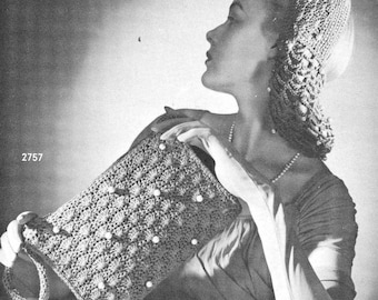 May include: A black and white photo of a woman wearing a crocheted hat and holding a crocheted bag with pearl beads. The bag has a textured design and a long strap.