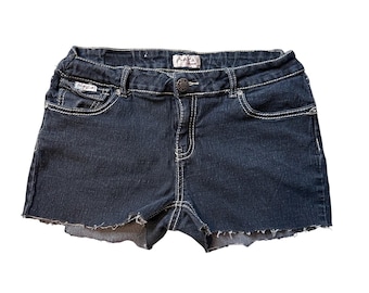 Pantaloncini di jeans SAZA da donna, taglia 15, blu scuro, in denim, con decorazioni di strass, stile Y2K