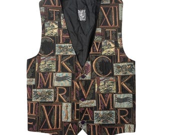 Vintage Attitudes Vest Mens XL Multi Tapestry Roman Numeral Alphabet Woven Cinch