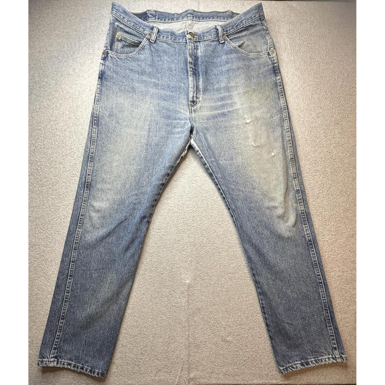 VTG Wrangler Jeans Mens 36X30 Blue Denim Straight Leg Distressed Workwear YKK image 2