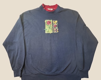 Top Stitch Sweatshirt Womens XL Morning Sun Navy Blue Floral Embroidered Patch