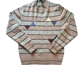 Pull St. Edmonds vintage pour homme XL en laine shetland marron gris rayé ras du cou