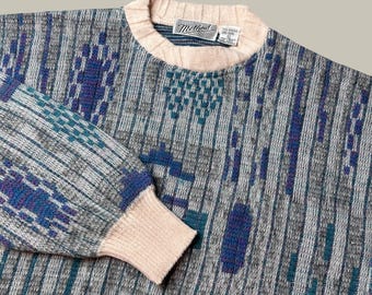 Vintage Method Sweater Mens Large Abstract Geometric Gray Blue Wool Blend 90s