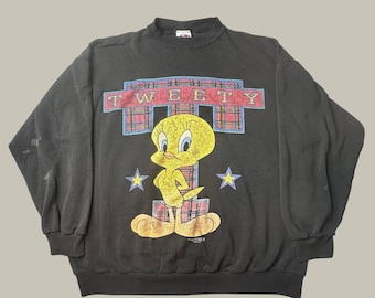 VTG Looney Tunes Sweatshirt Unisex XL Tweety Bird Black 1996 Graphic Jerry Leigh