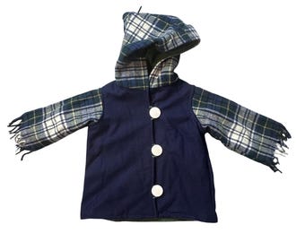 Handmade Hooded Jacket Kids XS Navy Blue Plaid Fringe Fleece Lined Cottagecore