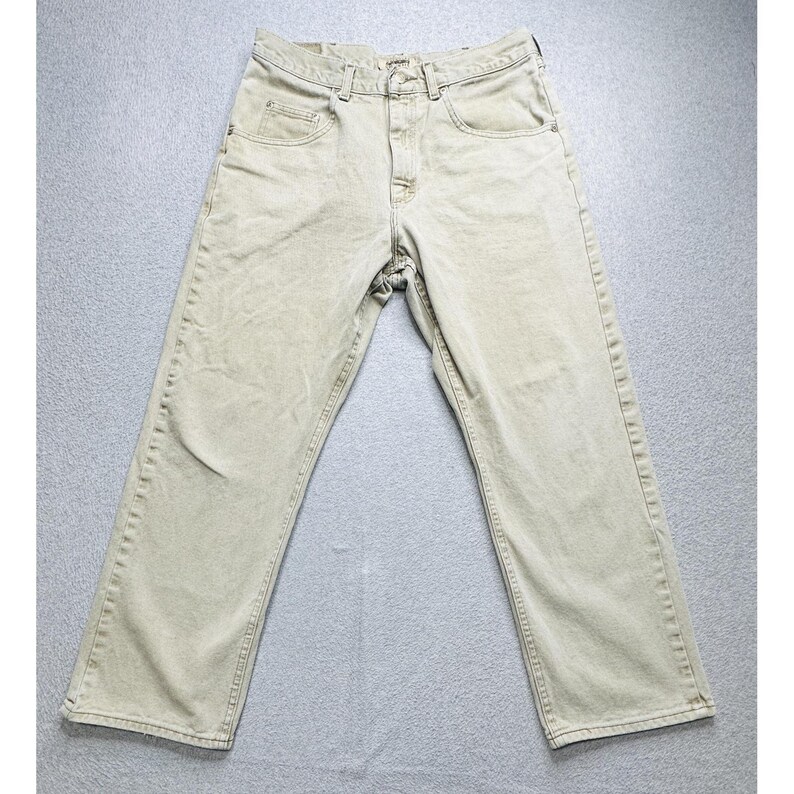 VTG Wrangler Jeans Mens 33x27 Khaki Tan Hero Originals Straight Leg Stained image 8
