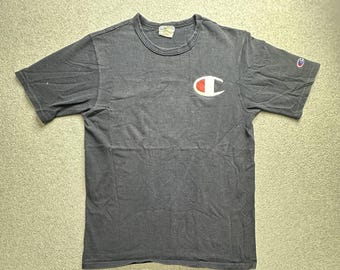 Champion Shirt Mens Medium Black Big C Logo Vintage Tag Crewneck Tee 90s Style