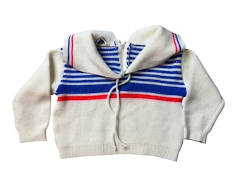 Vintage Sweater Kids 18M White Sailor Nautical Stripe Quarter Zip Knit Japan 70s