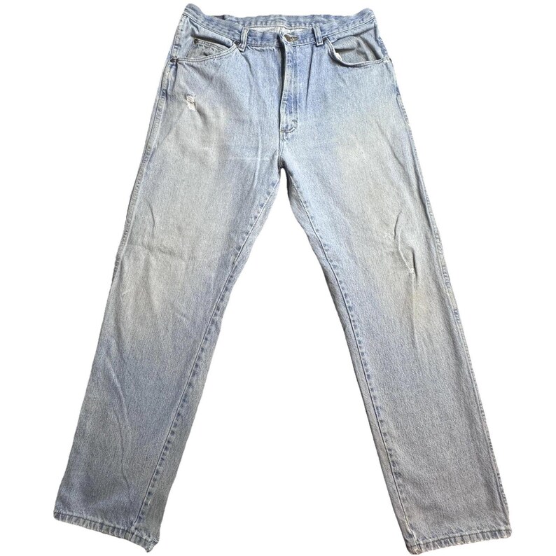 VTG Wrangler Jeans Mens 33x31 Light Wash Blue Straight Distressed Denim USA 90s image 2